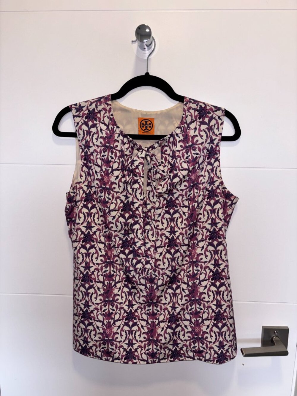 Tory Burch Purple Floral Sleeveless Tie Neck Bow Blouse Size 6
